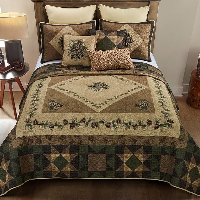 Donna Sharp King Polyester Bedding Set - Antique Pine Lodge Quilt Set with Quilt, Two King Pillow Shams and One Decorative Pillow - Machine Washable