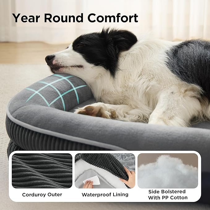 Bedsure Orthopedic Dog Bed Medium Size Dog - 360° Oval Bolster Medium Dogs Beds for Senior Dogs with Waterproof Washable Cover, Comfort Pet Sofa Couch with Ultra-Soft Fleece, Grey, 30"