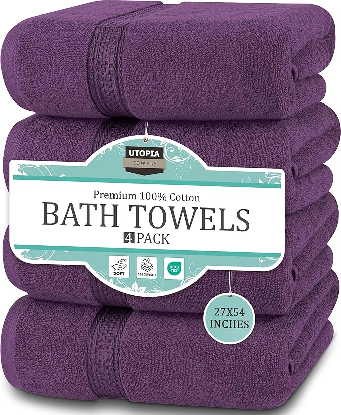 Utopia Towels 4 Pack Premium Bath Towels Set, 27 by 54 Inches, 100% Ring Spun Cotton 600GSM, Lightweight and Highly Absorbent Quick Drying Towels, Perfect for Daily Use, Plum