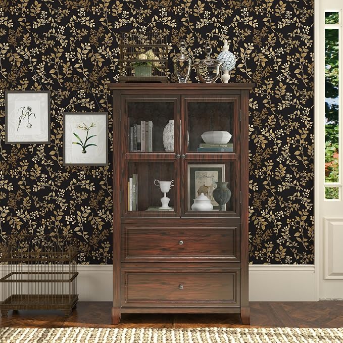 Dark Floral Peel and Stick Wallpaper, Vintage Gold Leaf Self-Adhesive Contact