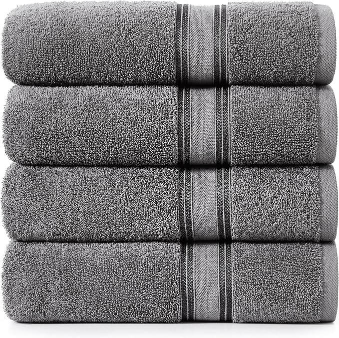 LANE LINEN 100% Cotton 4 Pack Bath Towels Set (30"x60") - Zero Twist, Large Cotton Towels for Bathroom - Quick Dry, Soft & Absorbent Bath Towel Set - Remains Soft After Multiple Washes - Cool Grey