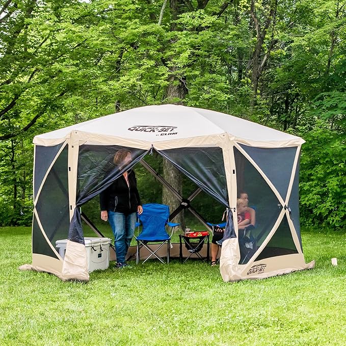 CLAM Quick-Set Escape 12 x 12 Foot Portable Pop Up Camping Outdoor Gazebo 6 Sided Canopy Shelter + 2 Pack of Wind and Sun Panels