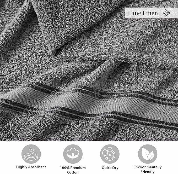 LANE LINEN 100% Cotton 4 Pack Bath Towels Set (30"x60") - Zero Twist, Large Cotton Towels for Bathroom - Quick Dry, Soft & Absorbent Bath Towel Set - Remains Soft After Multiple Washes - Cool Grey