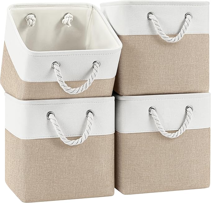 11 Inch Storage Cubes 4-Pack, Foldable Fabric Organizer Bins with Rope Handles, Cube Storage Baskets for Closet Shelves and Home Organization(White/Khaki)