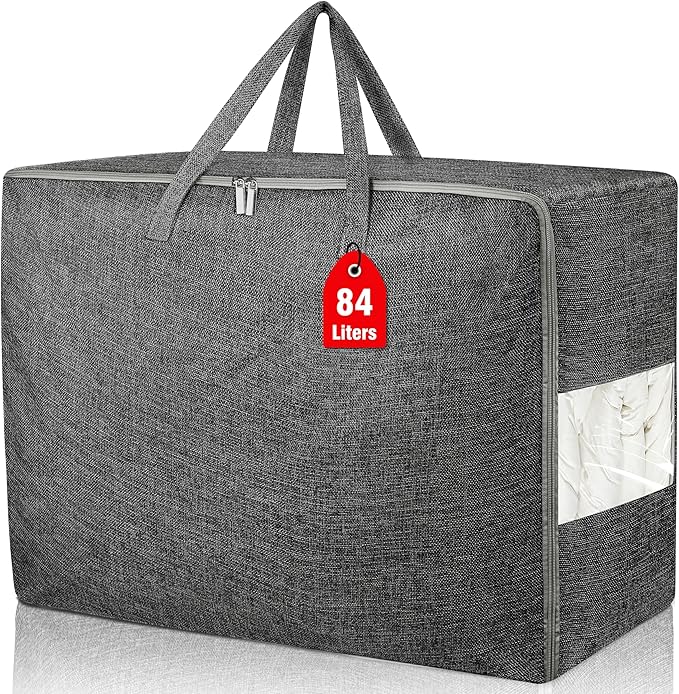 84L Extra Large Storage Bags, Folding Moving Comforter Blanket Storage Bags Closet Organizers and Storage Containers with Strong Handles&Zippers Clear Window for Clothes Bedding Pillow, Black