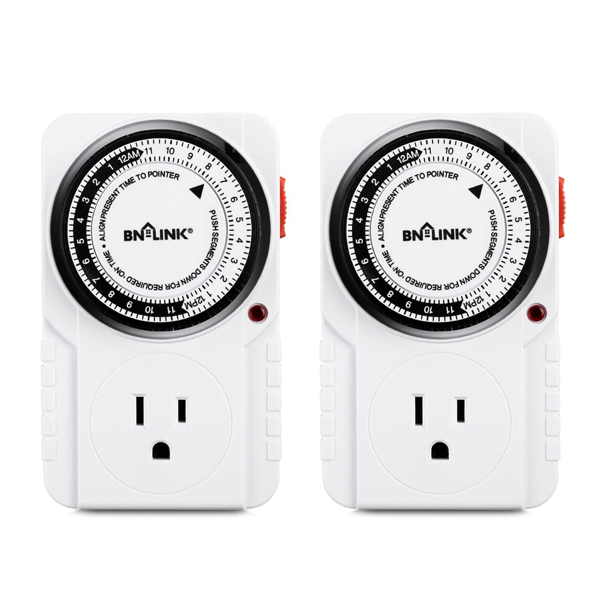 BN-LINK 24 Hour Plug-in Mechanical Timer – Grounded, ETL Listed, 2 Pack (125VAC, 60Hz, 1875W)