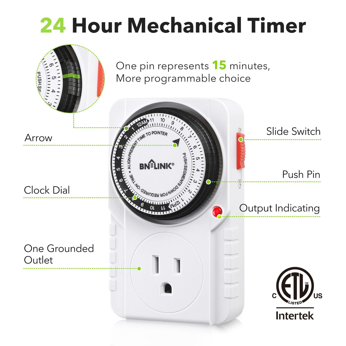 BN-LINK 24 Hour Plug-in Mechanical Timer – Grounded, ETL Listed, 2 Pack (125VAC, 60Hz, 1875W)