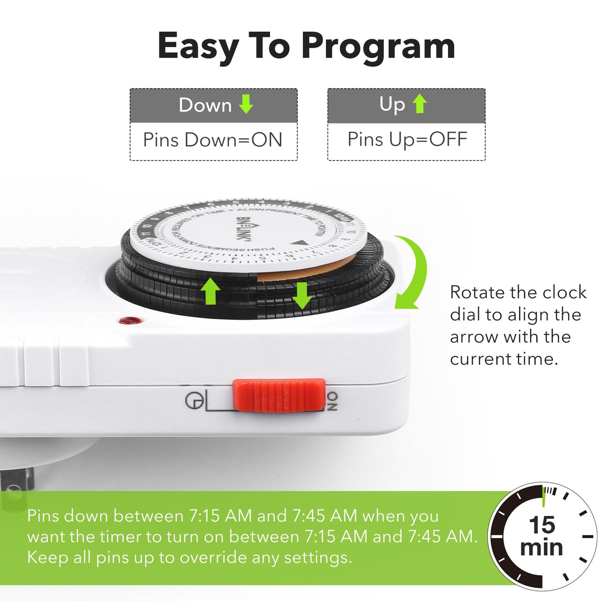 BN-LINK 24 Hour Plug-in Mechanical Timer – Grounded, ETL Listed, 2 Pack (125VAC, 60Hz, 1875W)