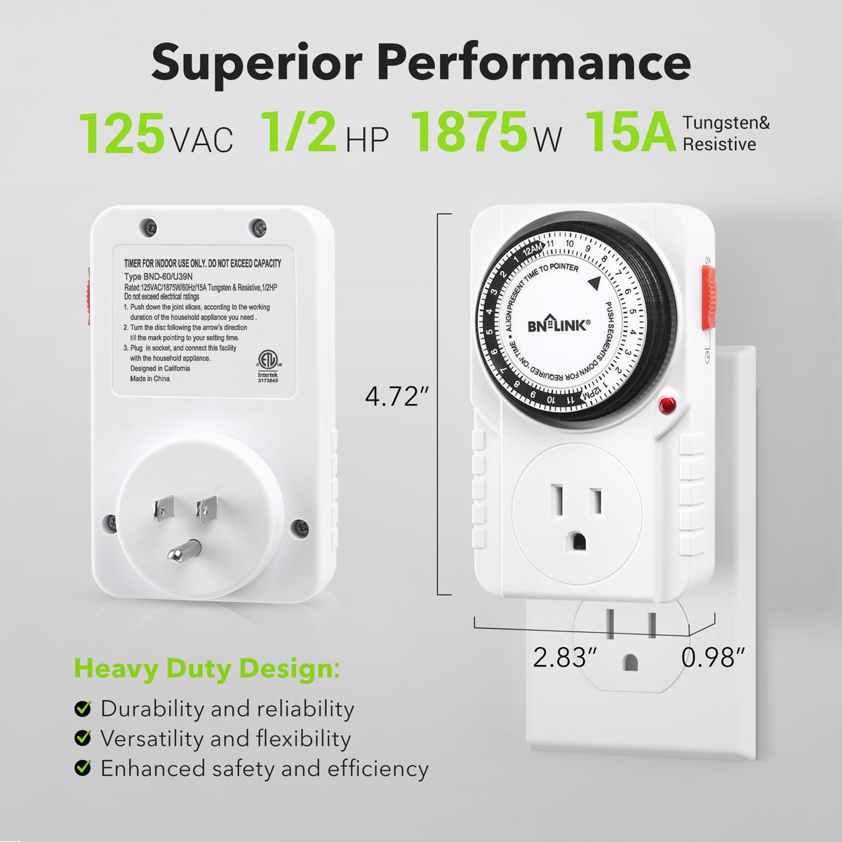 BN-LINK 24 Hour Plug-in Mechanical Timer – Grounded, ETL Listed, 2 Pack (125VAC, 60Hz, 1875W)