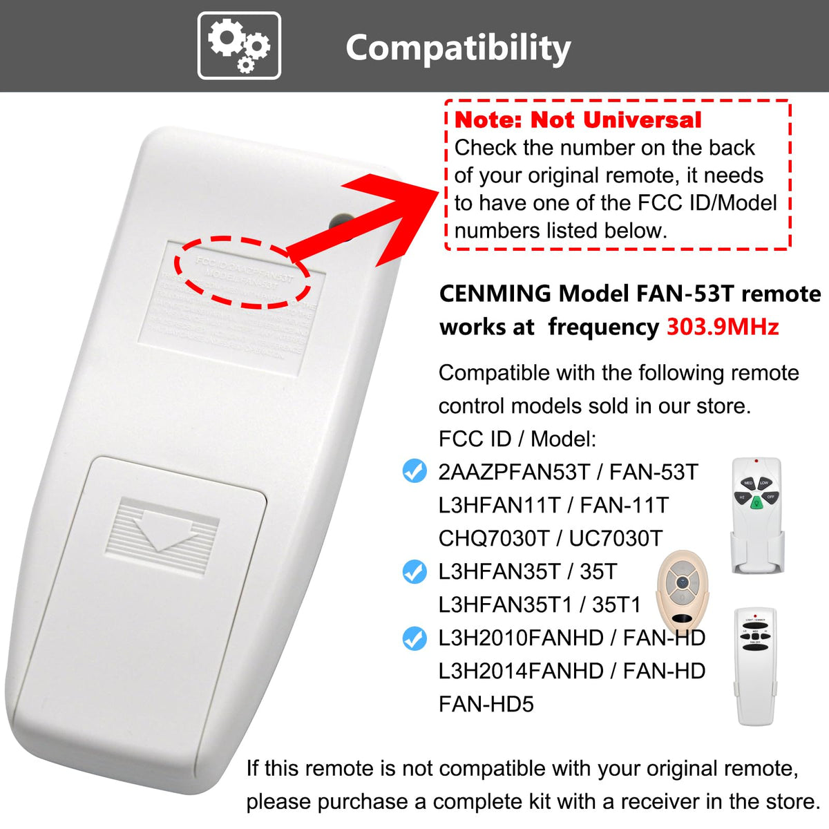 CENMING FAN-53T Remote Replacement for Harbor Breeze Hampton Bay – 303.9MHz, 3-Speed