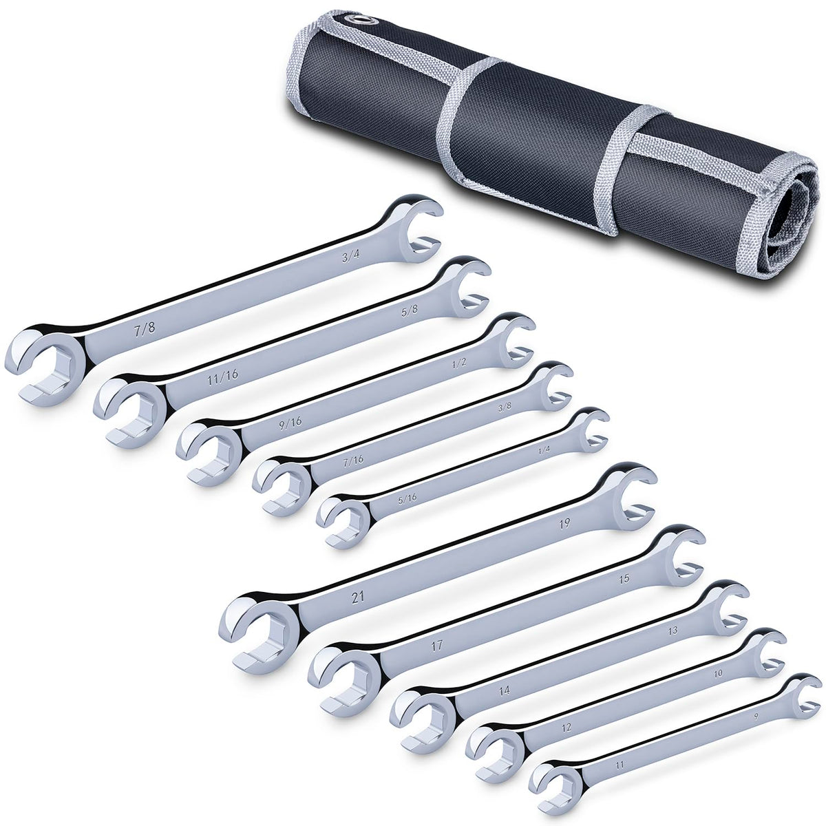 EFFICERE 10-Piece Flare Nut Wrench Set | Metric 9mm-21mm & SAE 1/4-7/8 in | Cr-V Steel