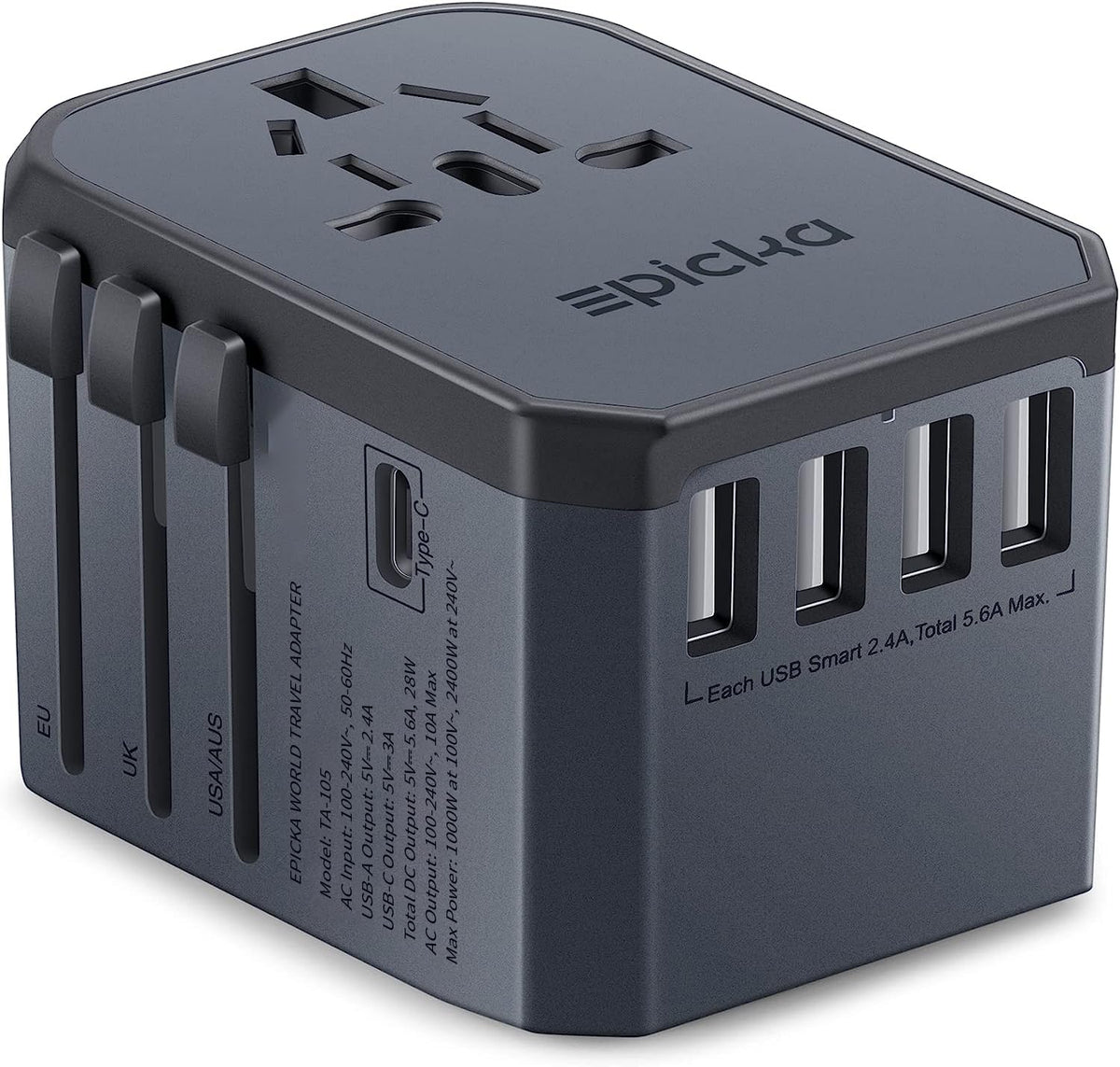 EPICKA Universal Travel Adapter TA-105 – 6-in-1 Worldwide Charger (Space Grey)