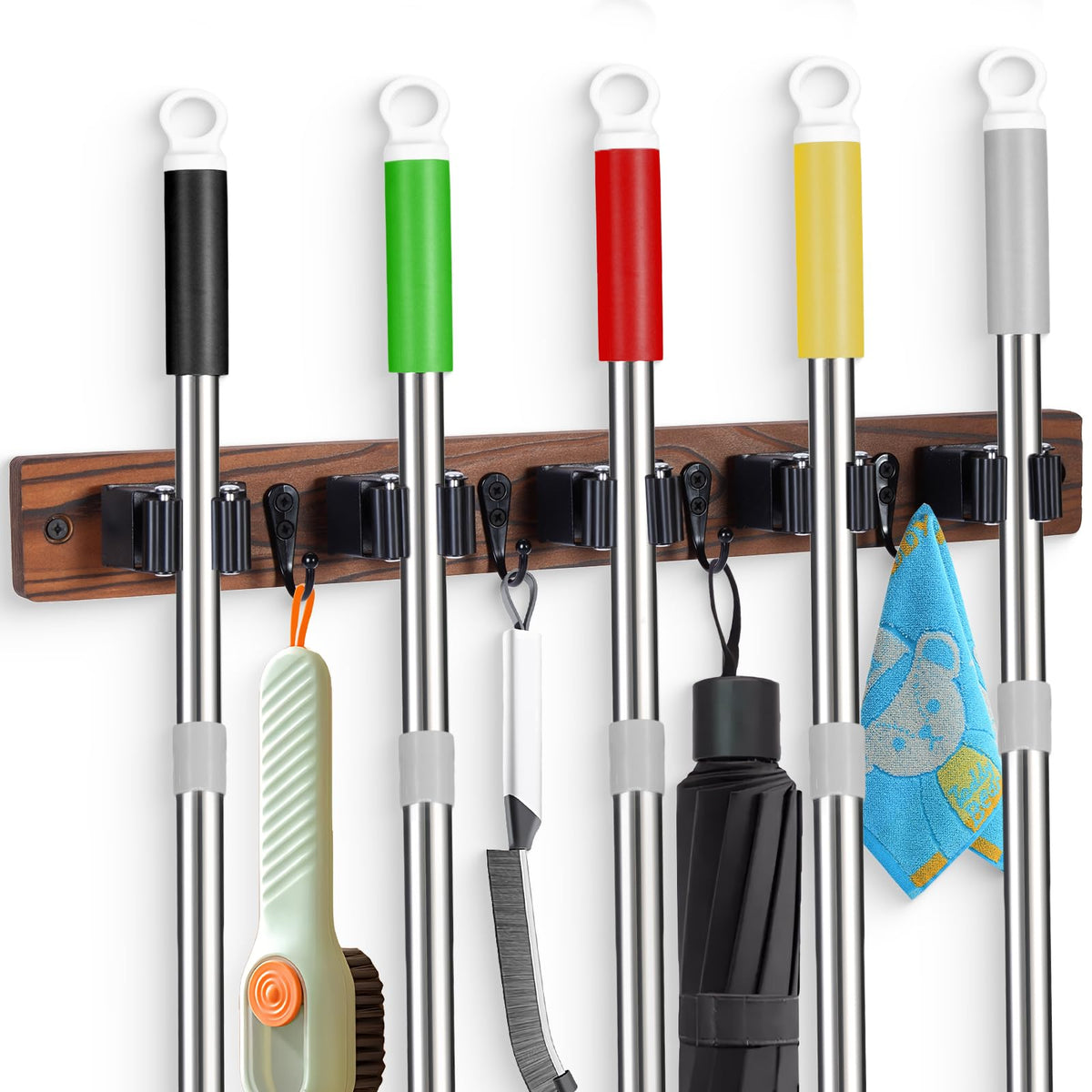 FunCee Broom Holder Wall Mount – 5 Slots & 4 Hooks | Rustic Wood Storage Organizer for Garage, Laundry, Kitchen