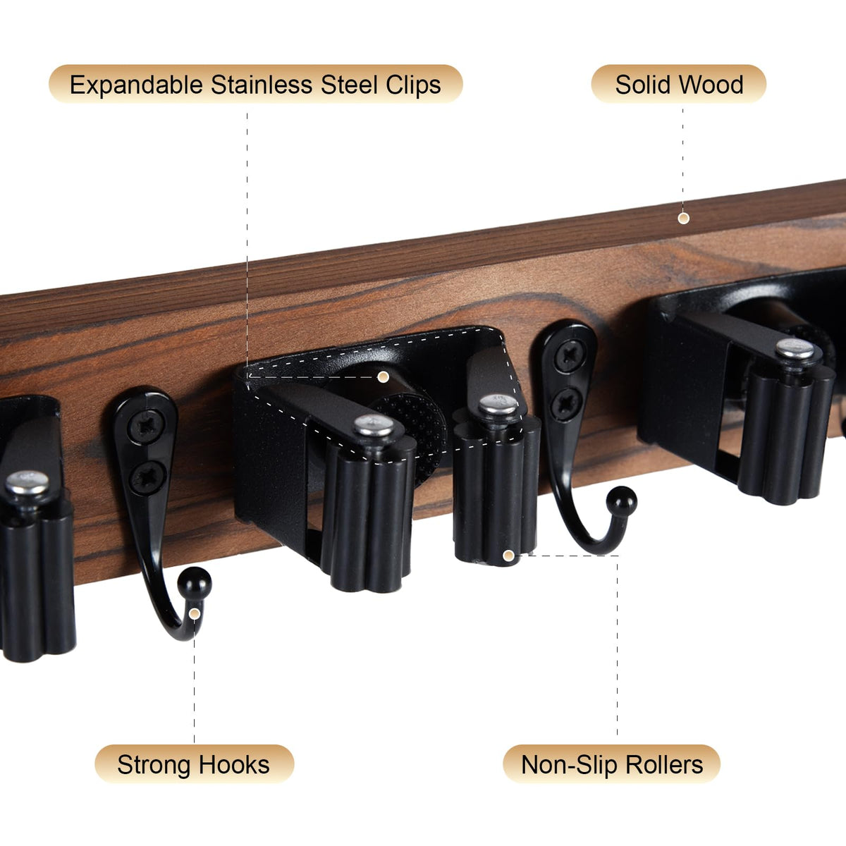 FunCee Broom Holder Wall Mount – 5 Slots & 4 Hooks | Rustic Wood Storage Organizer for Garage, Laundry, Kitchen
