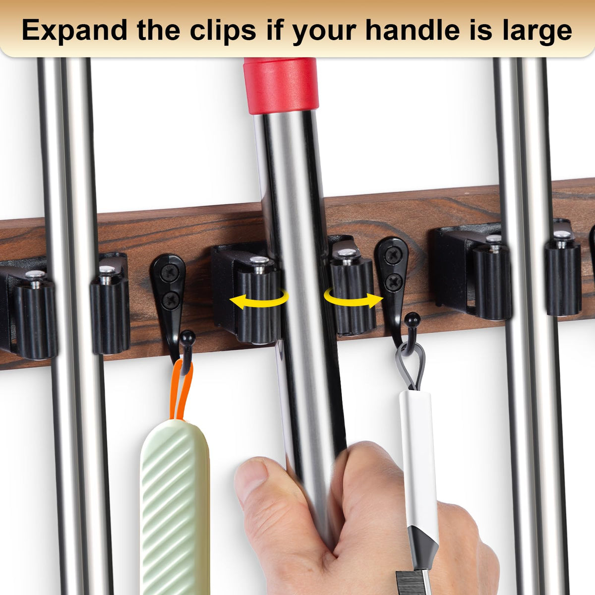 FunCee Broom Holder Wall Mount – 5 Slots & 4 Hooks | Rustic Wood Storage Organizer for Garage, Laundry, Kitchen