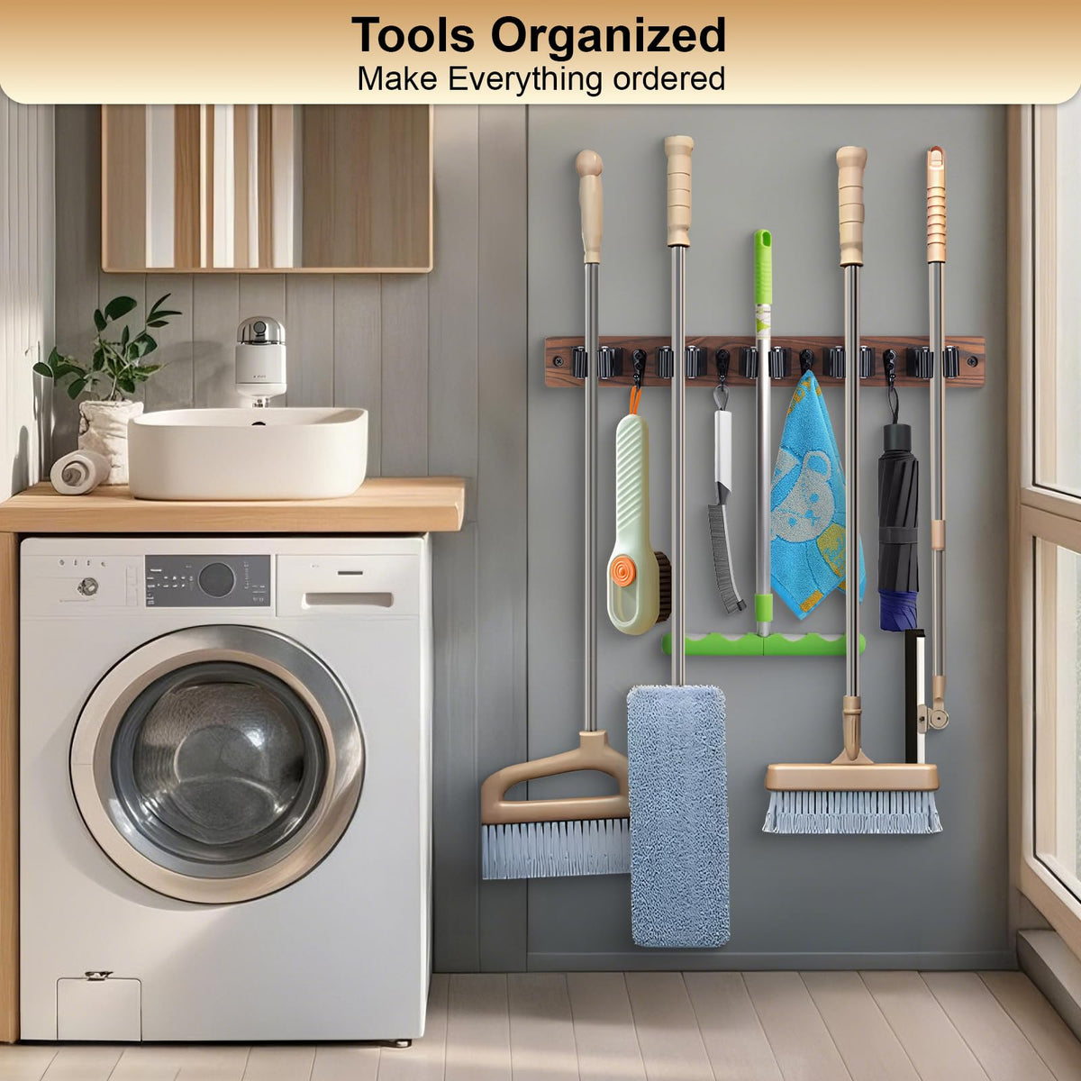 FunCee Broom Holder Wall Mount – 5 Slots & 4 Hooks | Rustic Wood Storage Organizer for Garage, Laundry, Kitchen