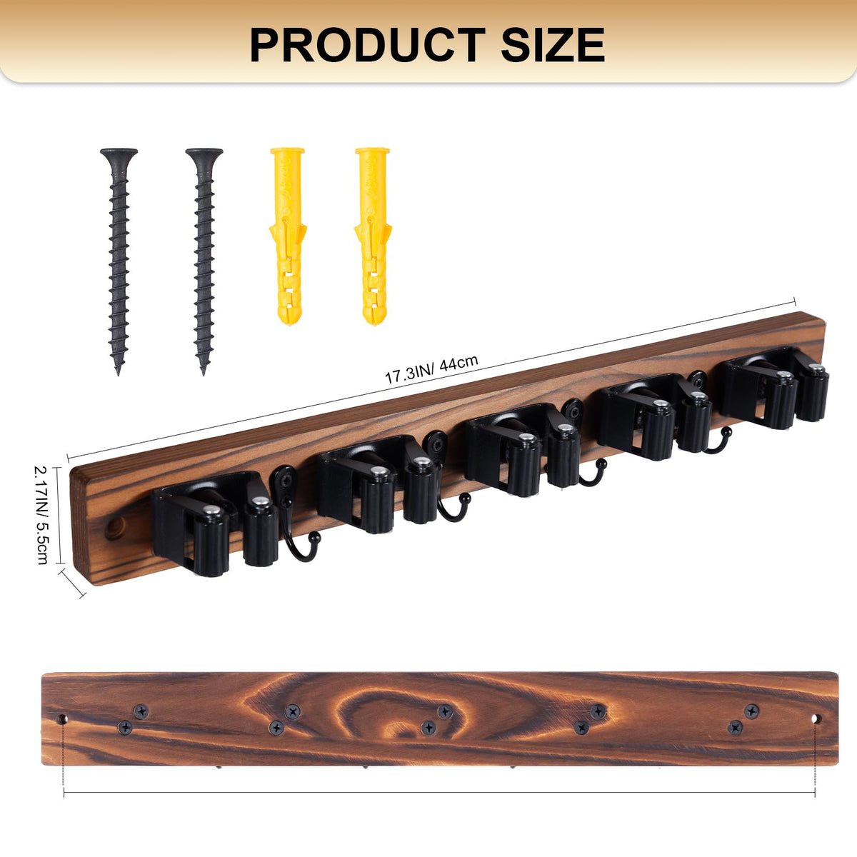 FunCee Broom Holder Wall Mount – 5 Slots & 4 Hooks | Rustic Wood Storage Organizer for Garage, Laundry, Kitchen