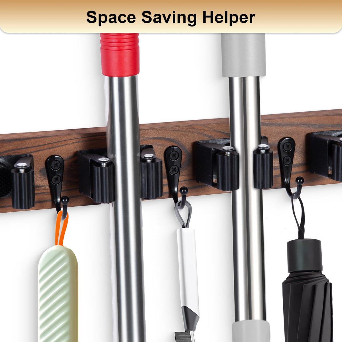 FunCee Broom Holder Wall Mount – 5 Slots & 4 Hooks | Rustic Wood Storage Organizer for Garage, Laundry, Kitchen