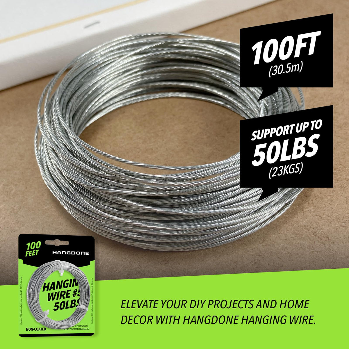 HangDone Picture Hanging Wire #5 – 50lbs, 100ft, 16-Gauge Steel
