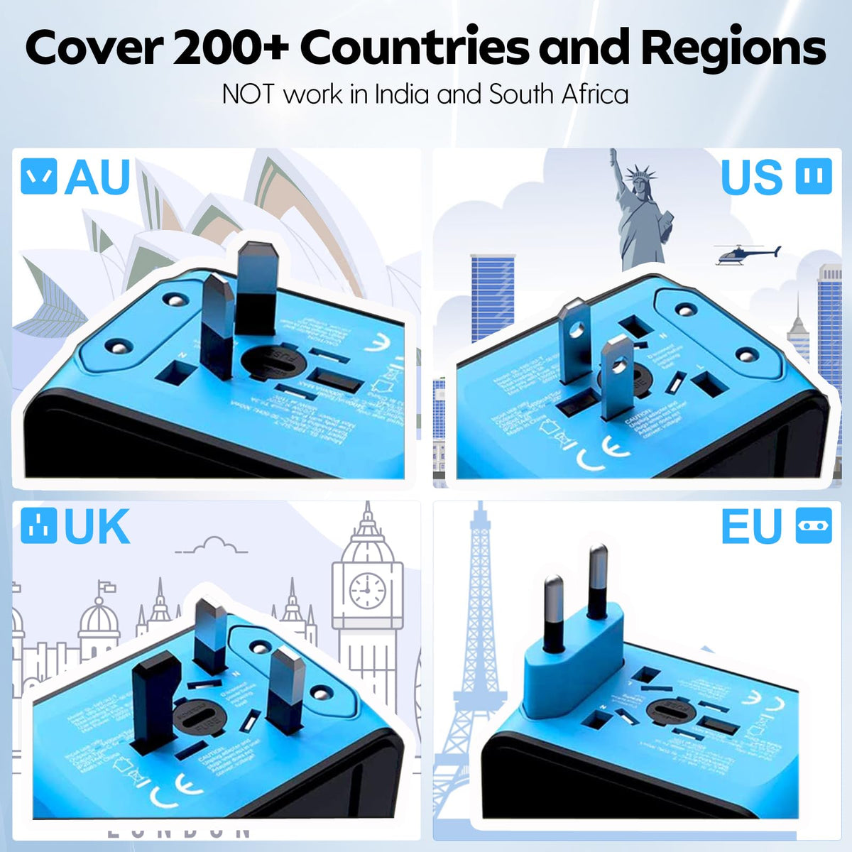 JMFONE Universal Travel Adapter: 4 USB-C/USB-A Ports + 2500W AC Outlets, Worldwide (Blue)