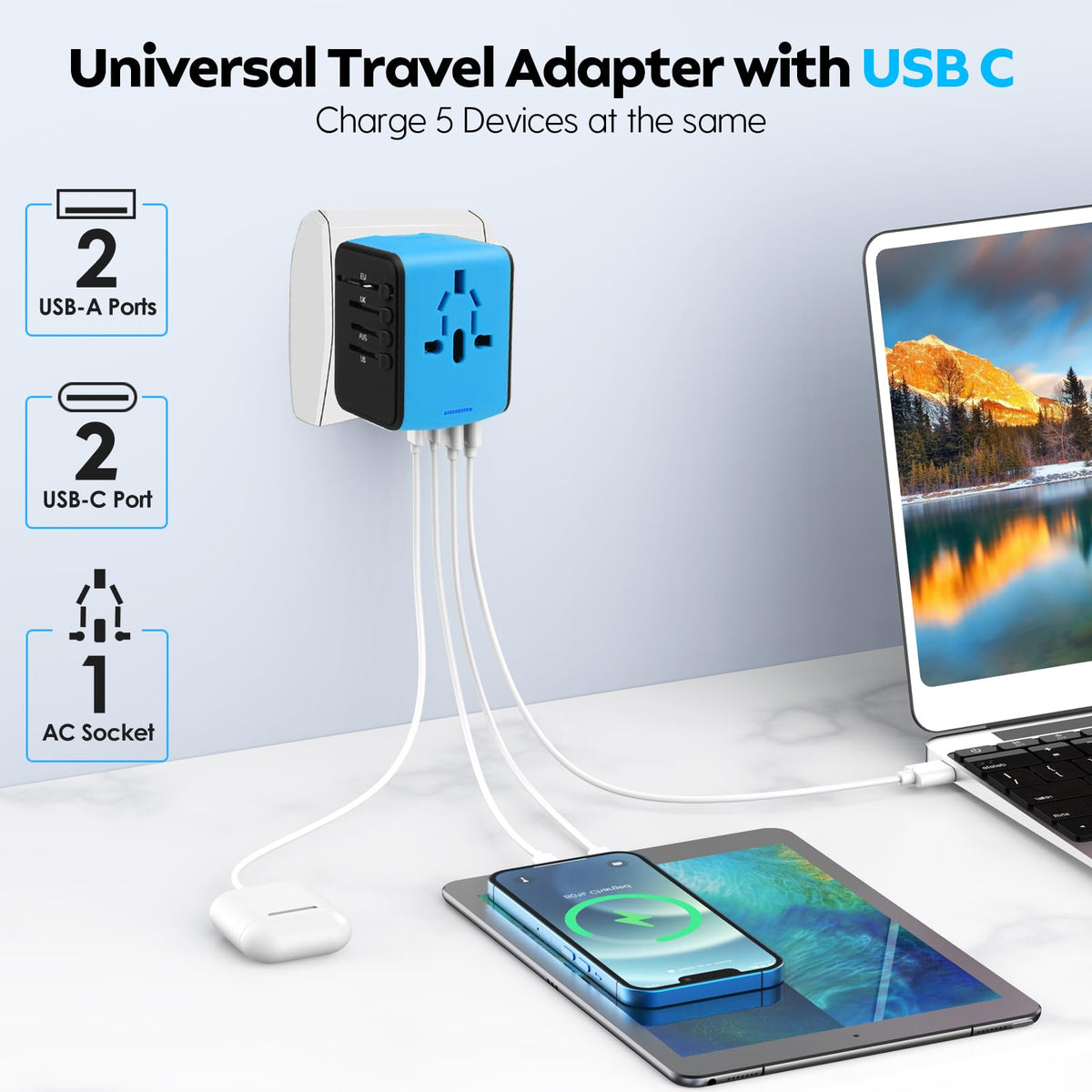 JMFONE Universal Travel Adapter: 4 USB-C/USB-A Ports + 2500W AC Outlets, Worldwide (Blue)