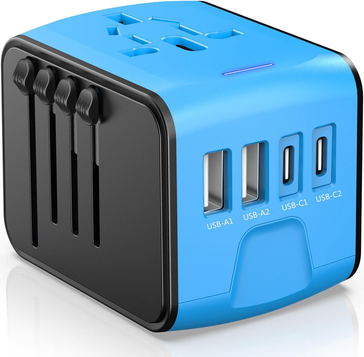JMFONE Universal Travel Adapter: 4 USB-C/USB-A Ports + 2500W AC Outlets, Worldwide (Blue)