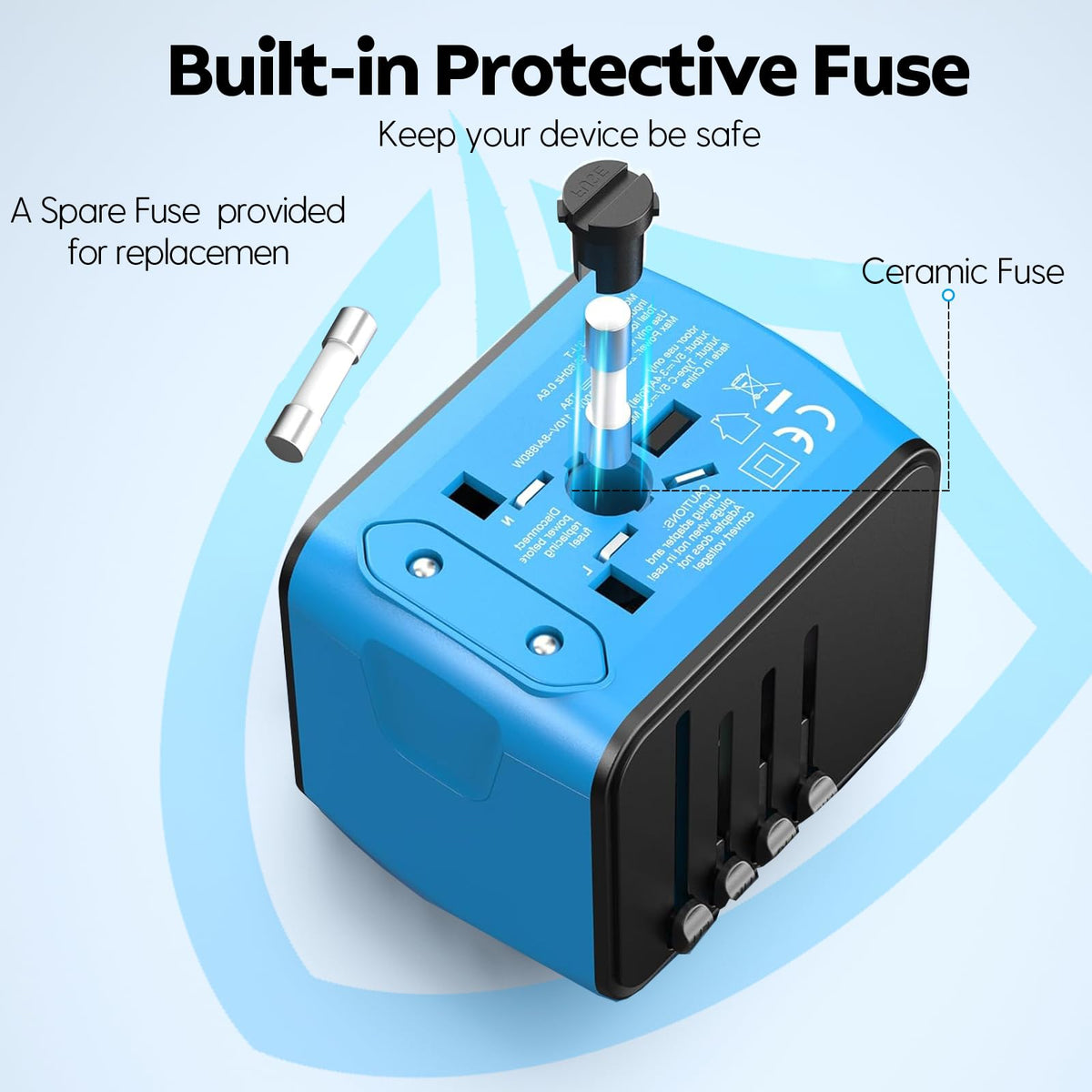 JMFONE Universal Travel Adapter: 4 USB-C/USB-A Ports + 2500W AC Outlets, Worldwide (Blue)