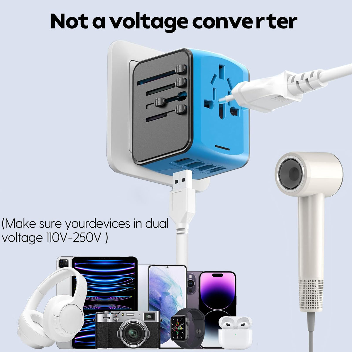 JMFONE Universal Travel Adapter: 4 USB-C/USB-A Ports + 2500W AC Outlets, Worldwide (Blue)