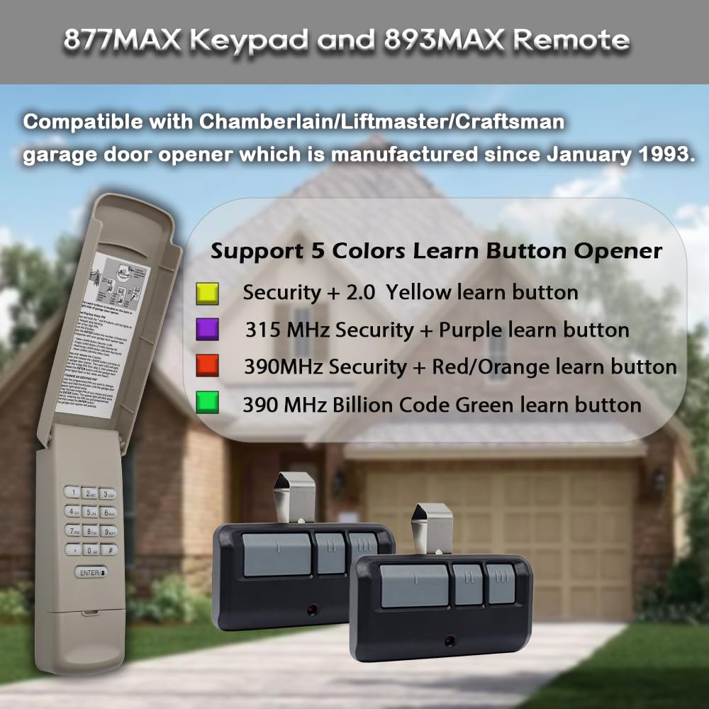 JUSTHILLUP Universal Garage Door Keypad & Remote for LiftMaster/Chamberlain/Craftsman 1993+ | Replaces 877MAX, 893MAX, 971LM & CMXZDCG440
