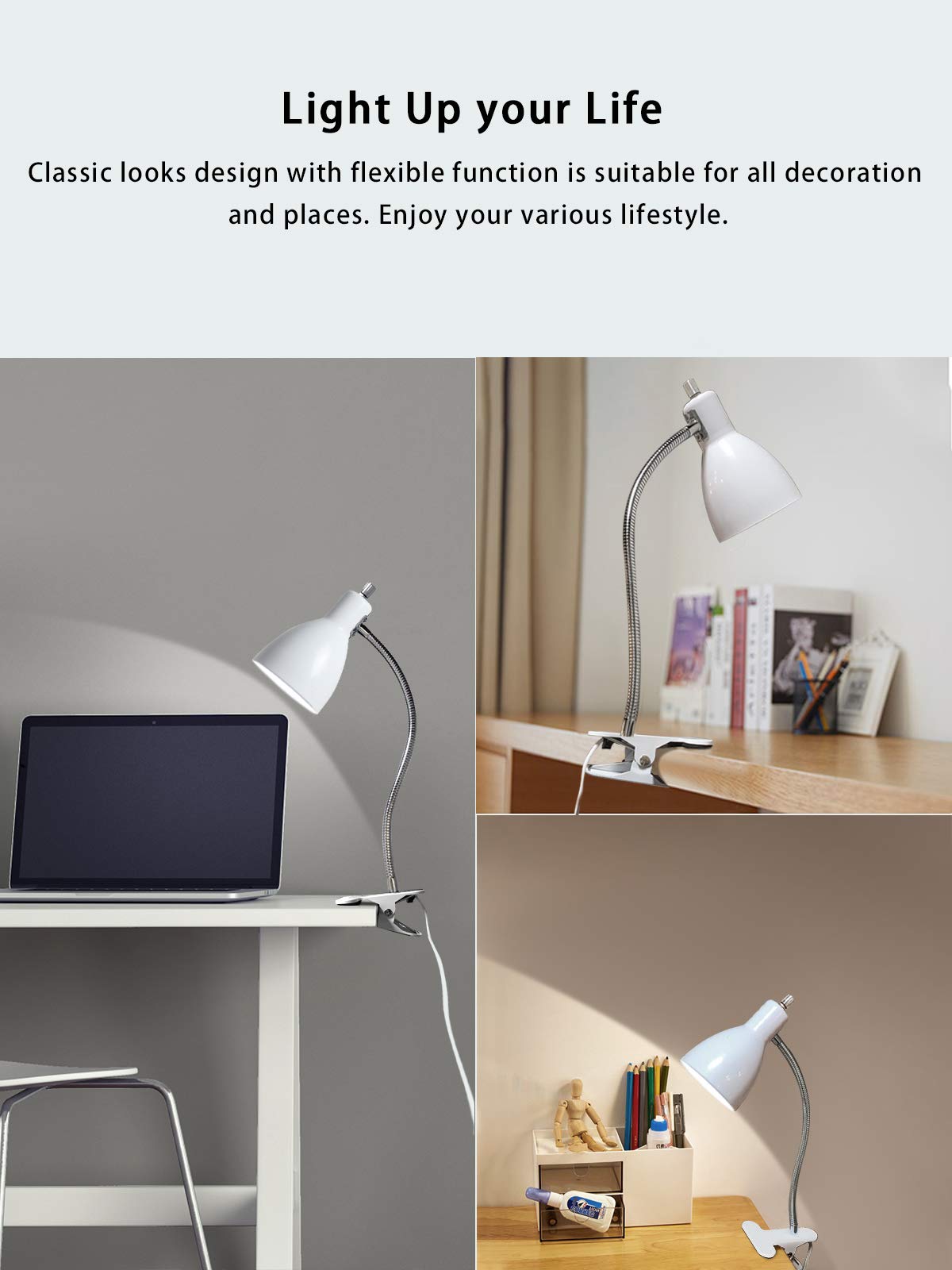 LALISU Desk Lamp | Eye-Caring 360° Gooseneck Clip-On Reading Light (White)