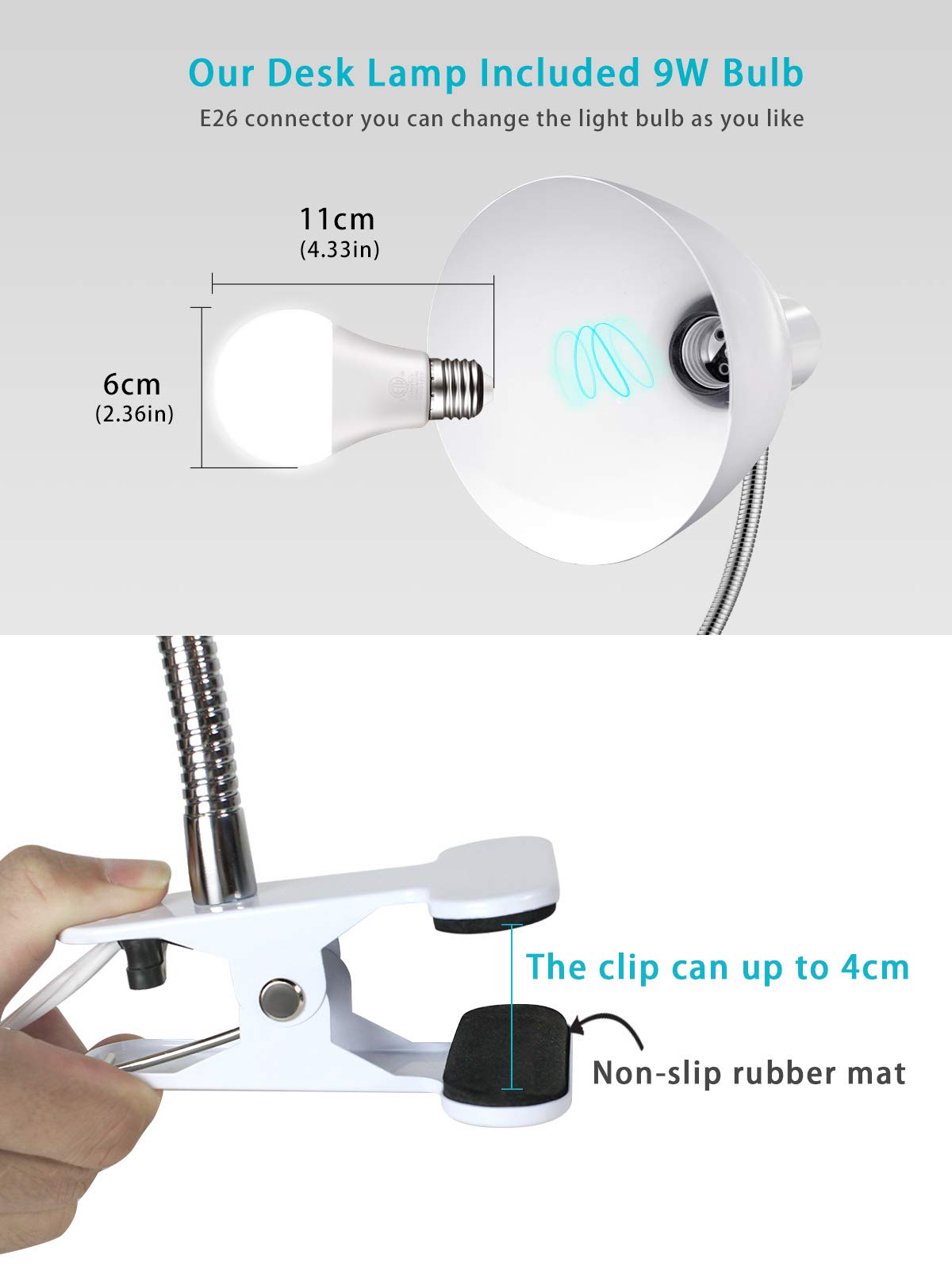 LALISU Desk Lamp | Eye-Caring 360° Gooseneck Clip-On Reading Light (White)