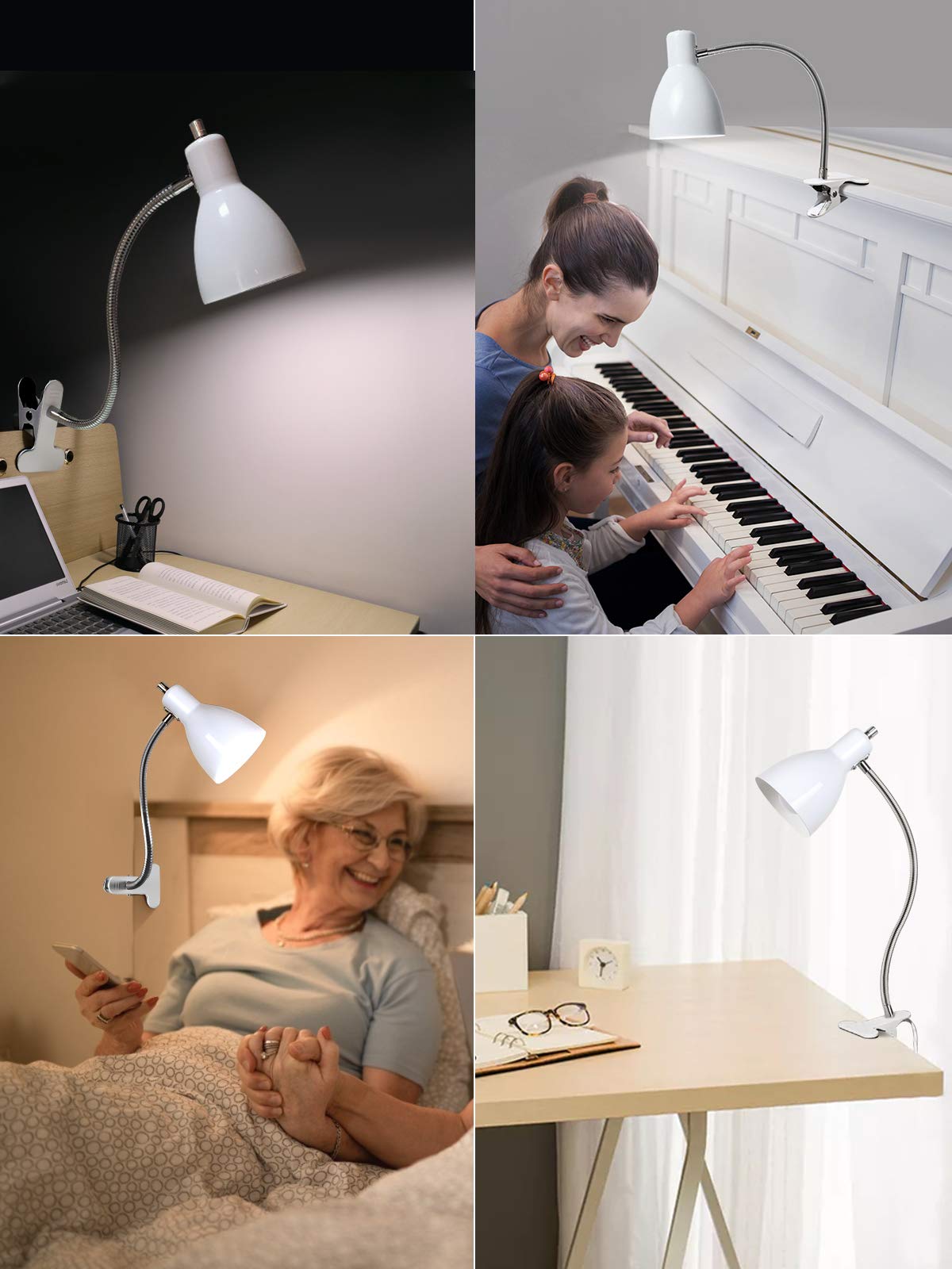 LALISU Desk Lamp | Eye-Caring 360° Gooseneck Clip-On Reading Light (White)