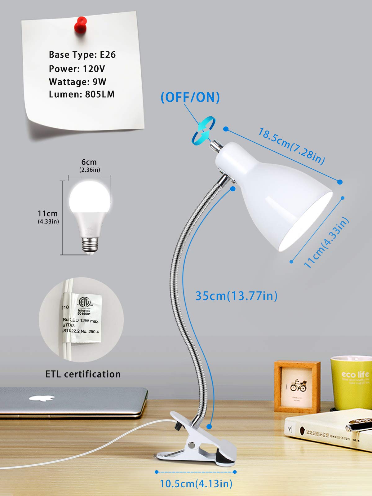 LALISU Desk Lamp | Eye-Caring 360° Gooseneck Clip-On Reading Light (White)