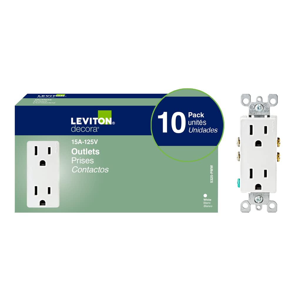 Leviton 5325-WMP 15A 125V Decora Duplex Receptacle – Residential Grade, 10-Pack, White