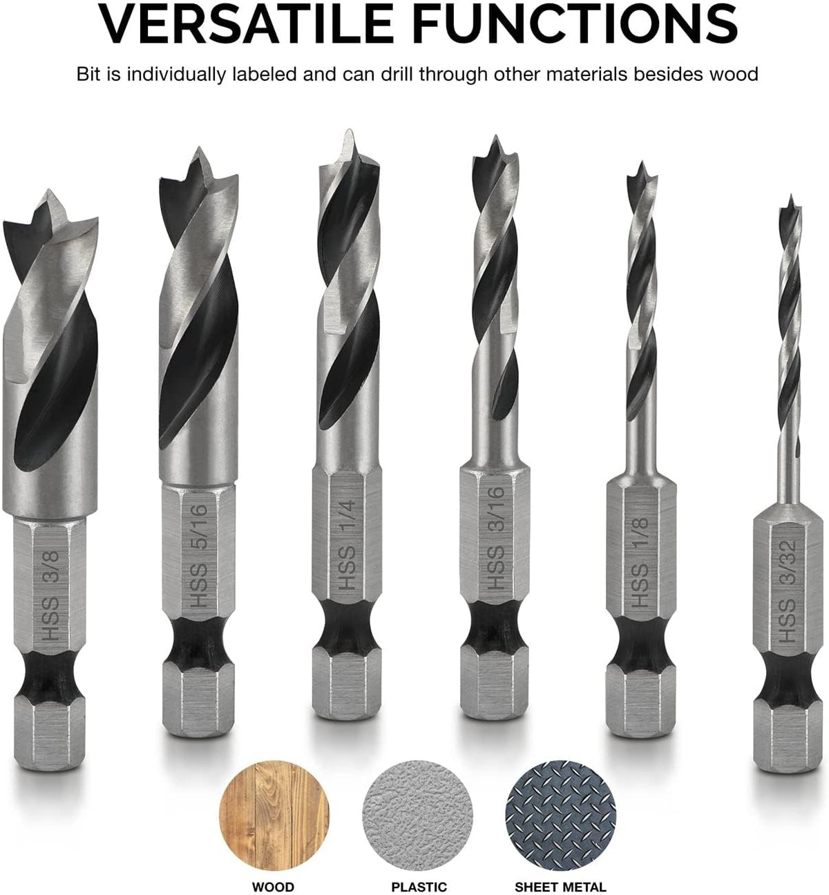 NEIKO 11401A 6-Piece Brad Point Drill Bit Set - Stubby HSS with 1/4 Inch Hex Shank