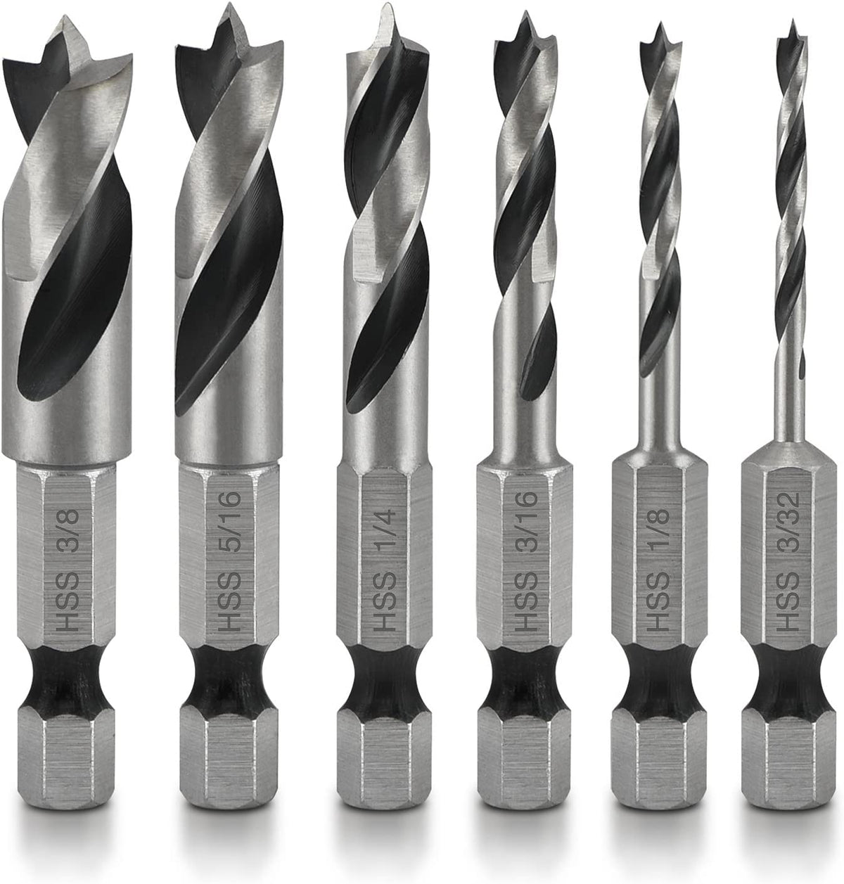 NEIKO 11401A 6-Piece Brad Point Drill Bit Set - Stubby HSS with 1/4 Inch Hex Shank