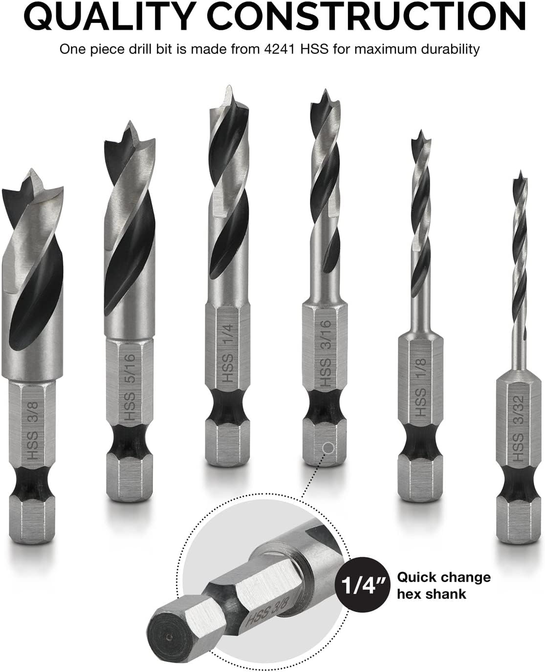 NEIKO 11401A 6-Piece Brad Point Drill Bit Set - Stubby HSS with 1/4 Inch Hex Shank