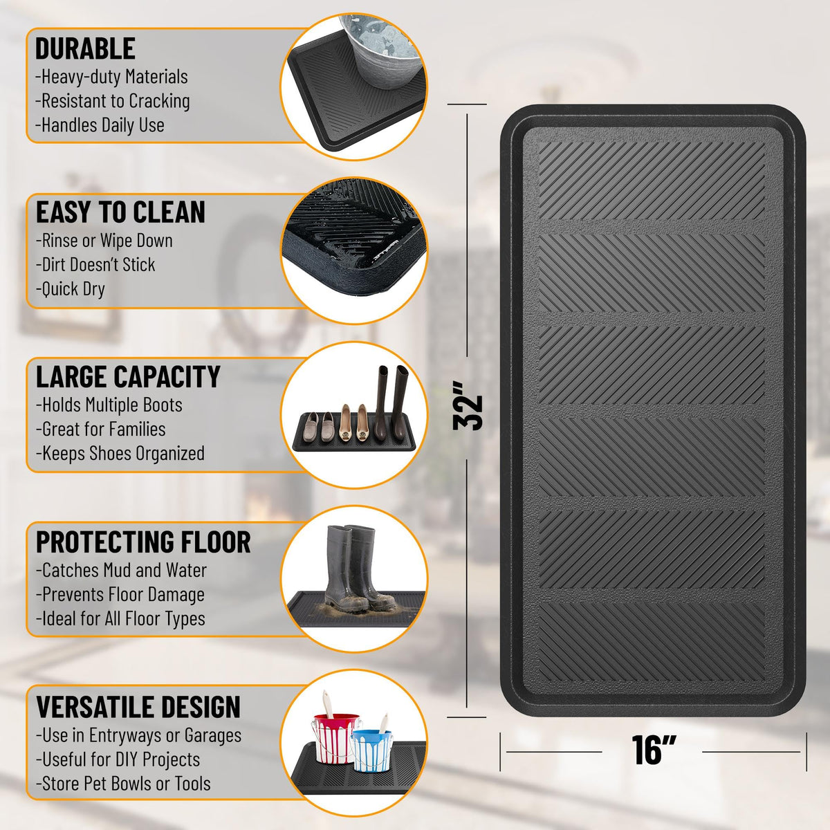 Ottomanson Heavy Duty Rubber Boot Tray – Non-Slip, Waterproof, Hose-Washable 16 x 32 in Black