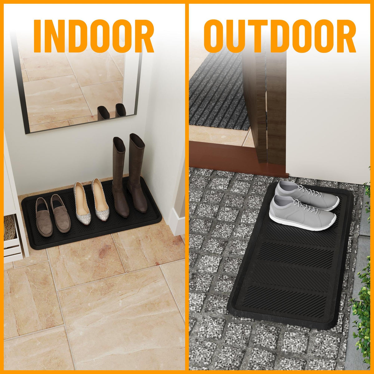 Ottomanson Heavy Duty Rubber Boot Tray – Non-Slip, Waterproof, Hose-Washable 16 x 32 in Black