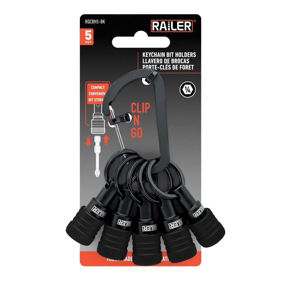 Railer Bit Holder Keychain 5pc – Quick-Release 1/4-inch Hex Shank Aluminum Bit Holders with Carabiner