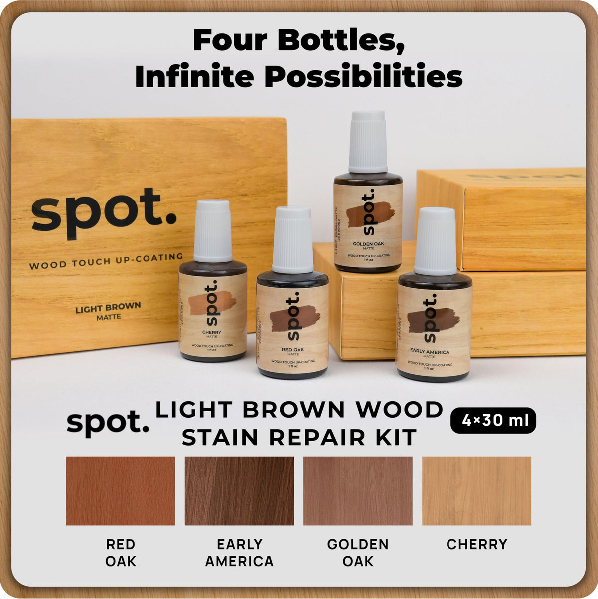 Spot Light Brown Wood Stain Repair Kit — 4 fl oz Total (Golden Oak, Early America, Cherry, Red Oak)