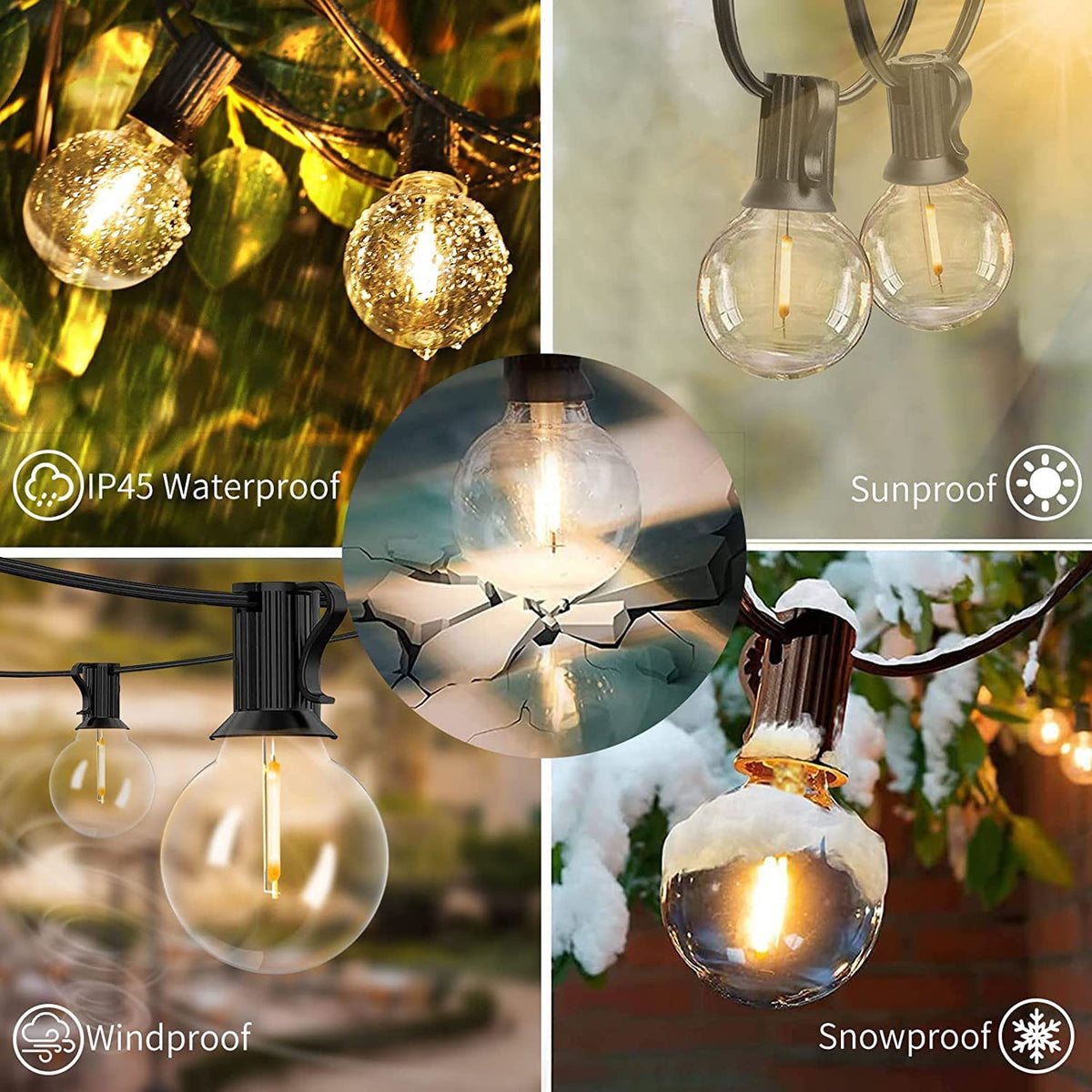 Svater Outdoor String Lights LED 25 ft – Waterproof Dimmable G40 Bulbs, 2700K Warm White