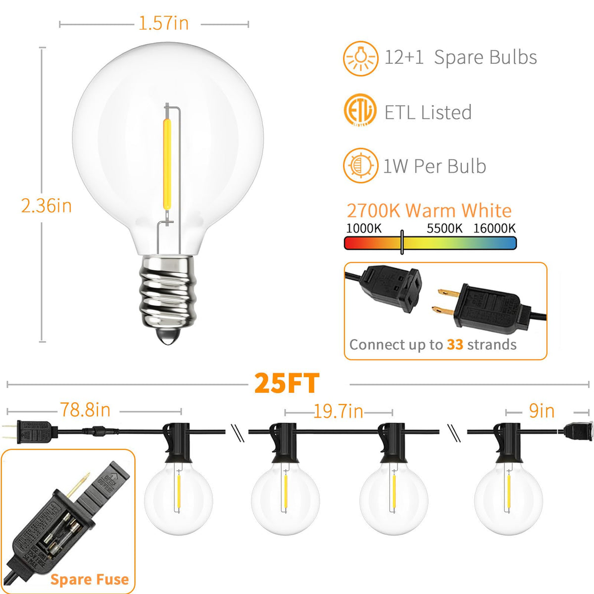 Svater Outdoor String Lights LED 25 ft – Waterproof Dimmable G40 Bulbs, 2700K Warm White