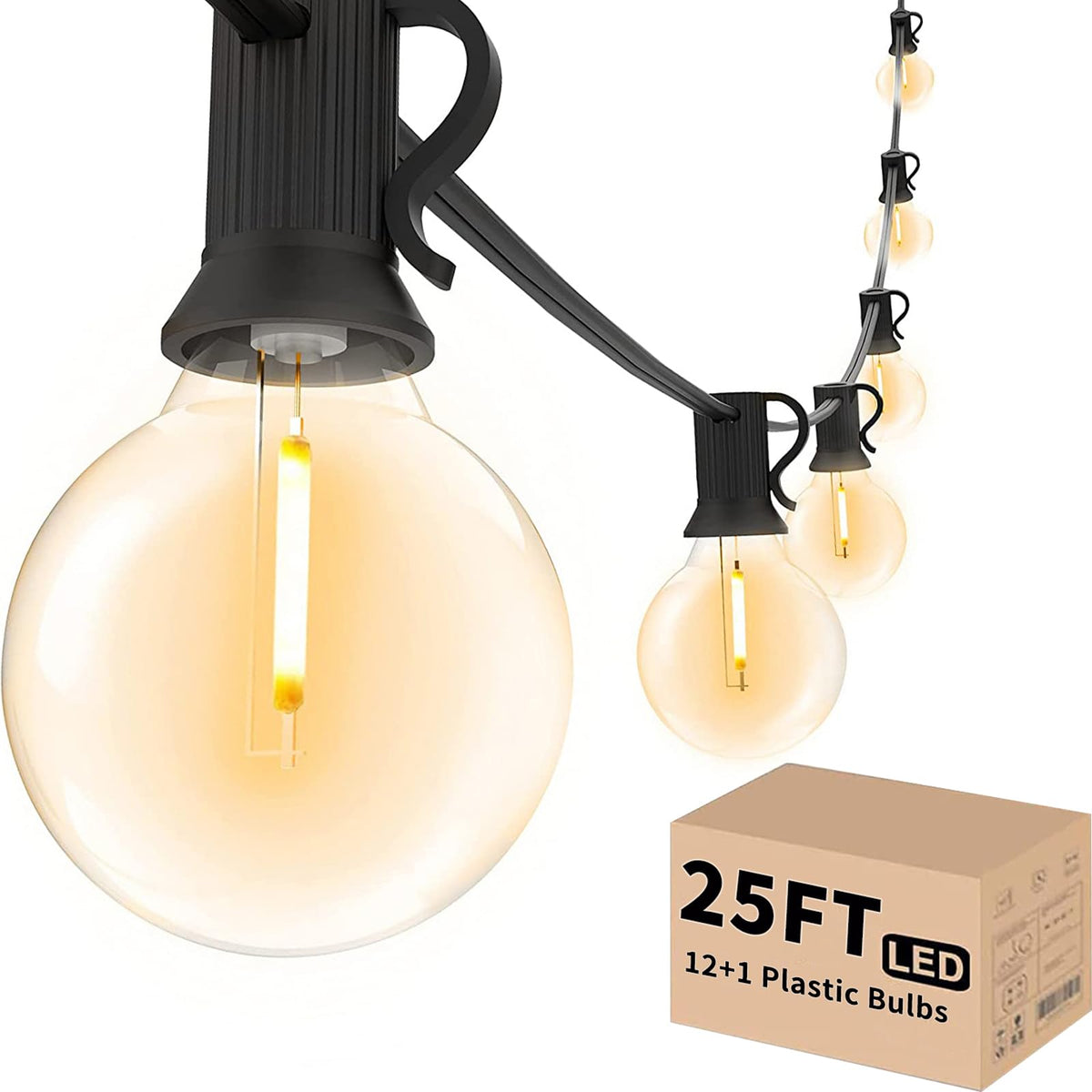 Svater Outdoor String Lights LED 25 ft – Waterproof Dimmable G40 Bulbs, 2700K Warm White