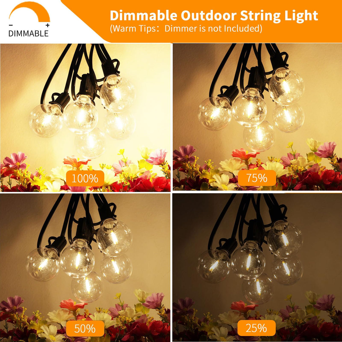 Svater Outdoor String Lights LED 25 ft – Waterproof Dimmable G40 Bulbs, 2700K Warm White