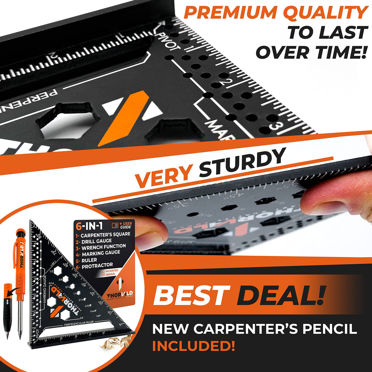 THORVALD 6-in-1 Carpenter Square 7-Inch — All-in-One Precision Tool for Woodworking