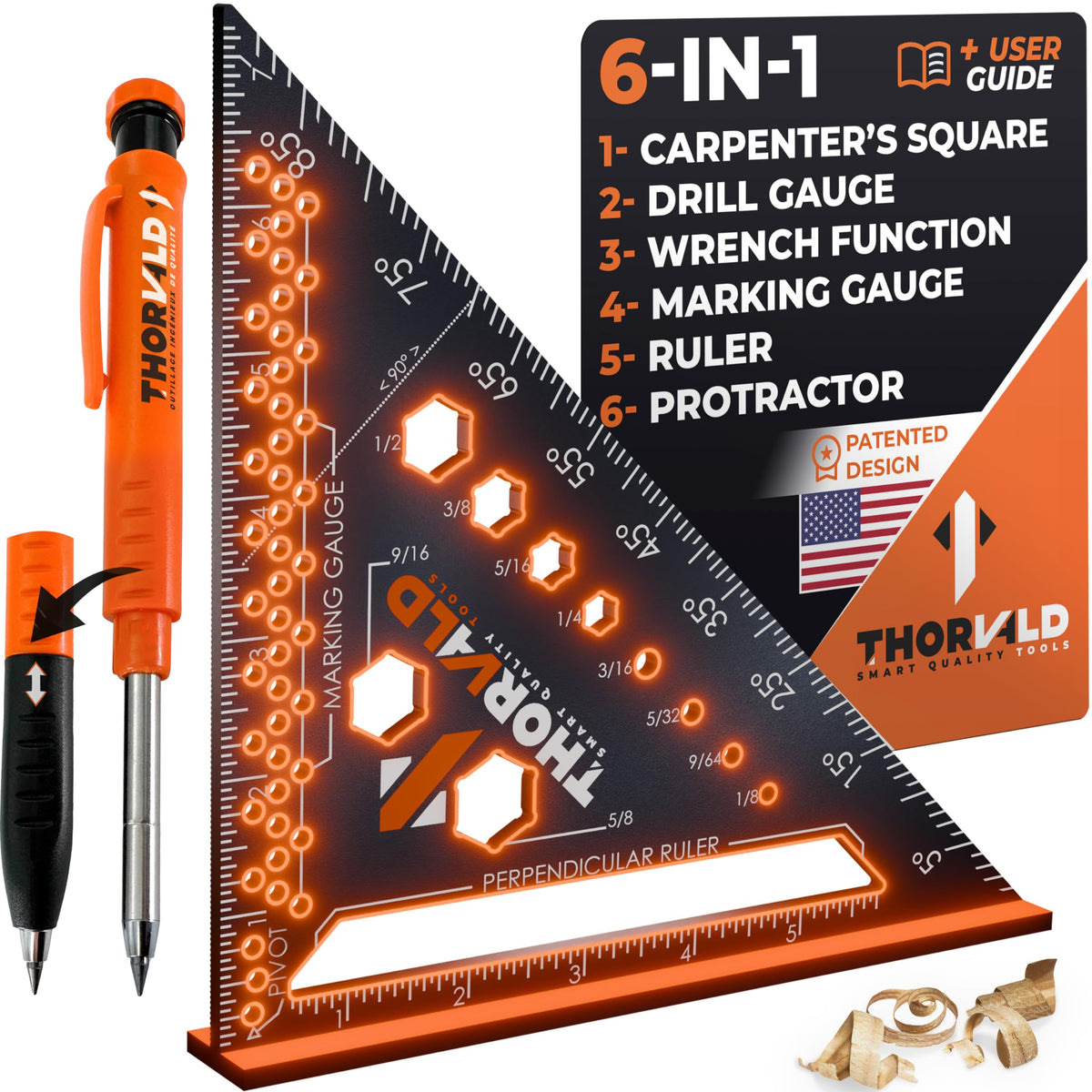 THORVALD 6-in-1 Carpenter Square 7-Inch — All-in-One Precision Tool for Woodworking