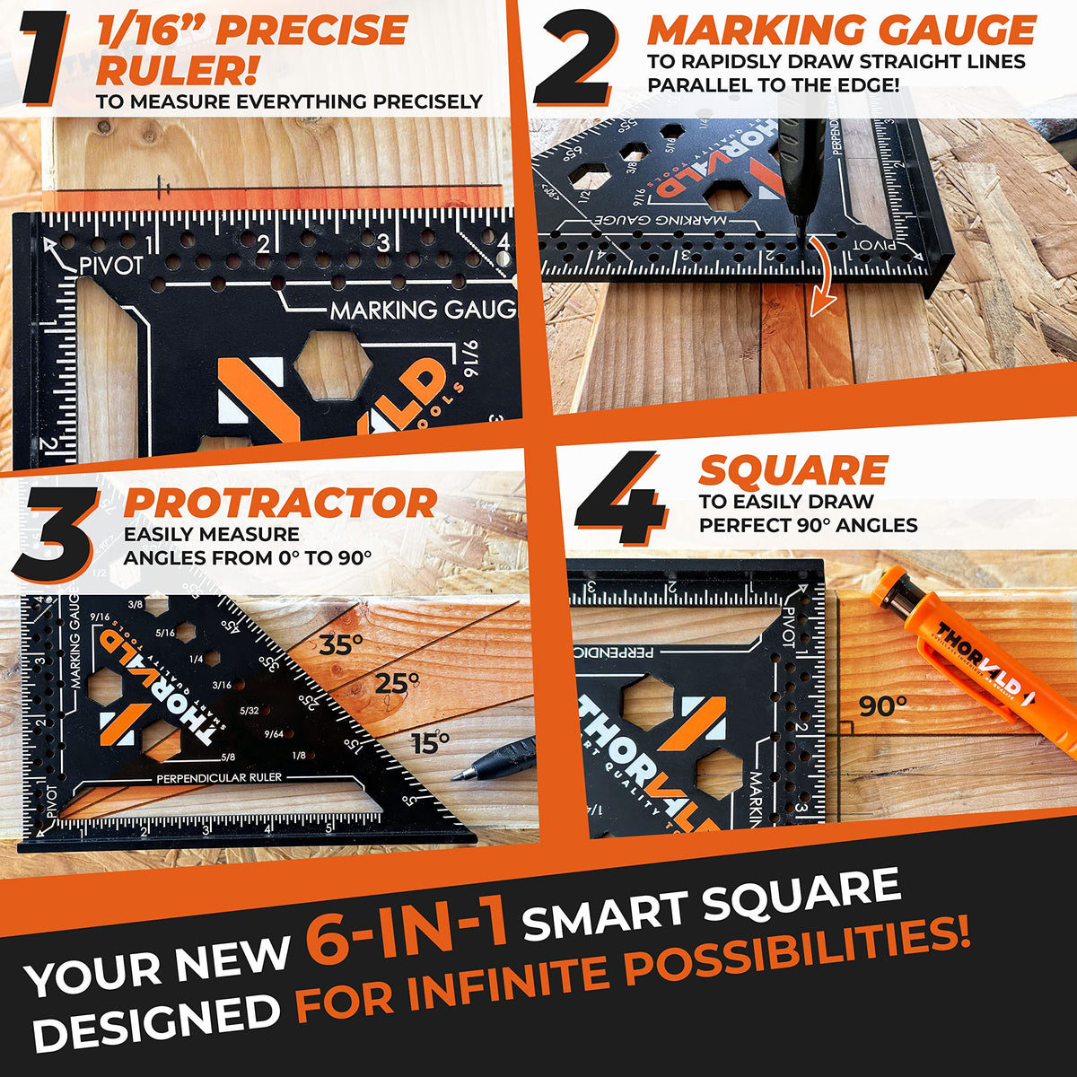 THORVALD 6-in-1 Carpenter Square 7-Inch — All-in-One Precision Tool for Woodworking