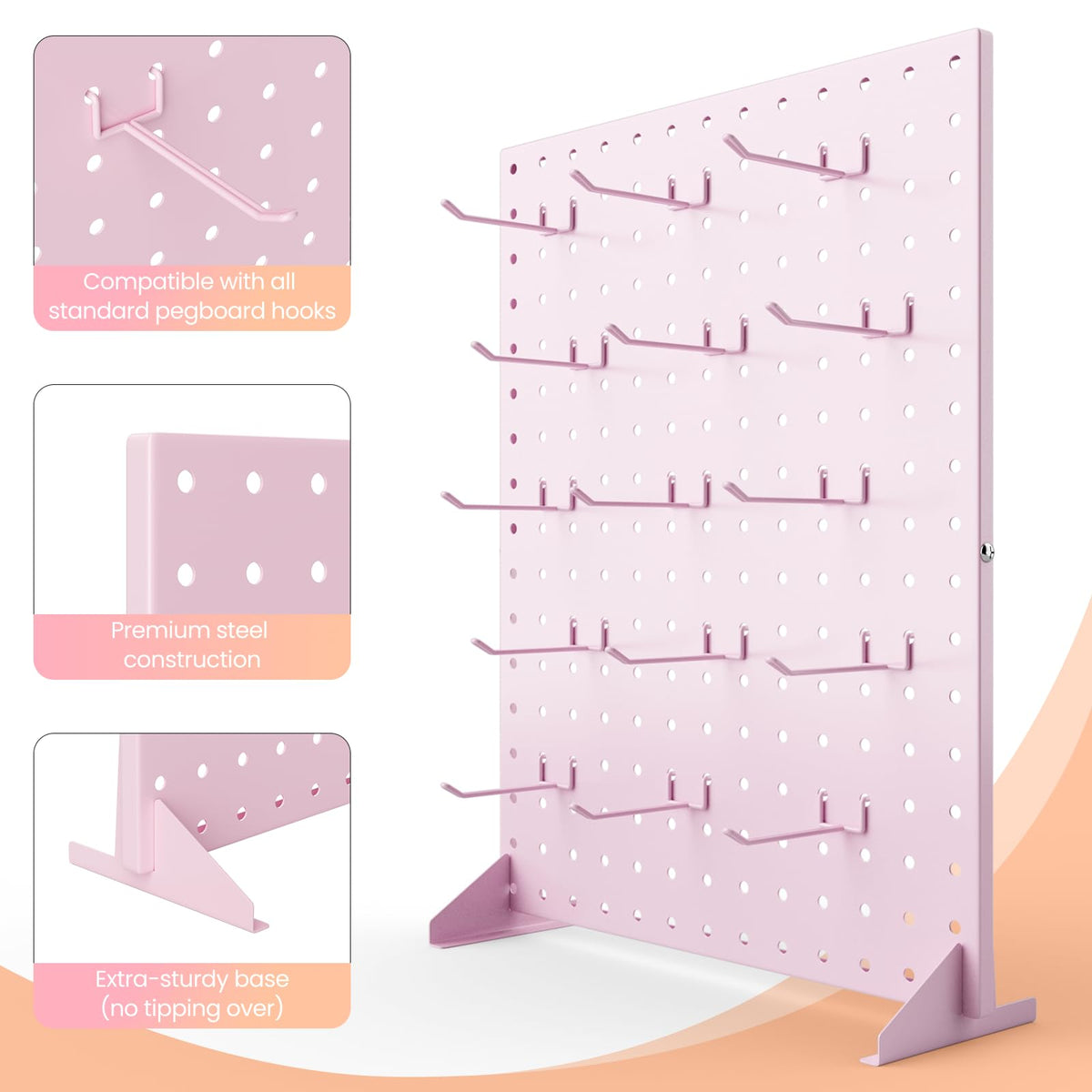 VACONICO Peg Board Display Stand – 15 Pink Hooks, 17x13 in Tabletop Pegboard for Crafts & Fairs
