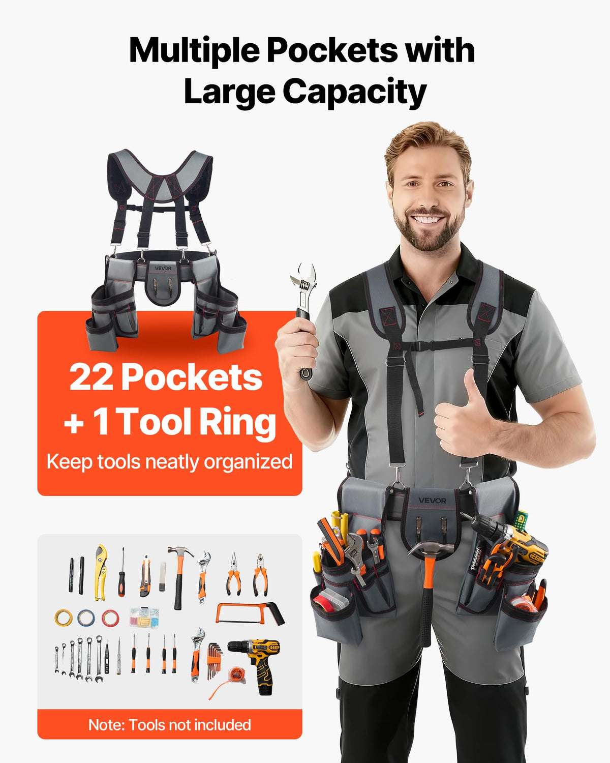VEVOR 22-Pocket Tool Belt with Suspenders – Heavy-Duty Adjustable Utility Belt